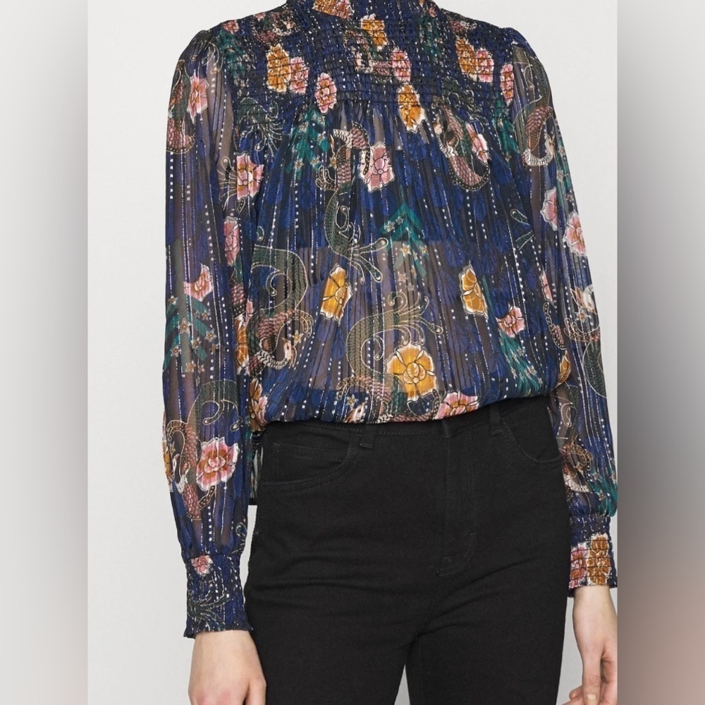 Scotch & Soda Pin-tuck Mock Neck Sheer Blouse Floral Bird Metallic Thread Sz XS